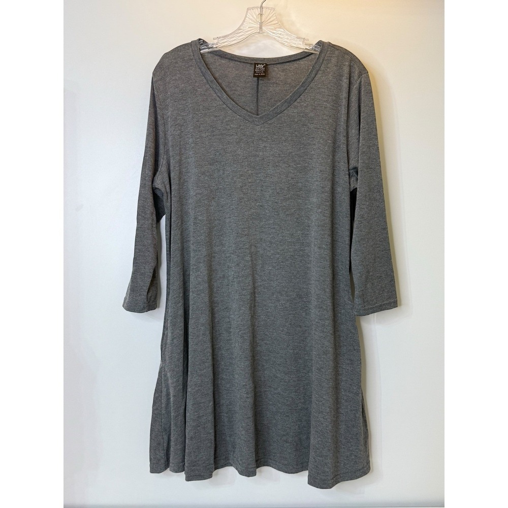 Lildy Solid Gray V-Neck 3/4 Sleeve Tunic Pockets Womens L/XL Stretch